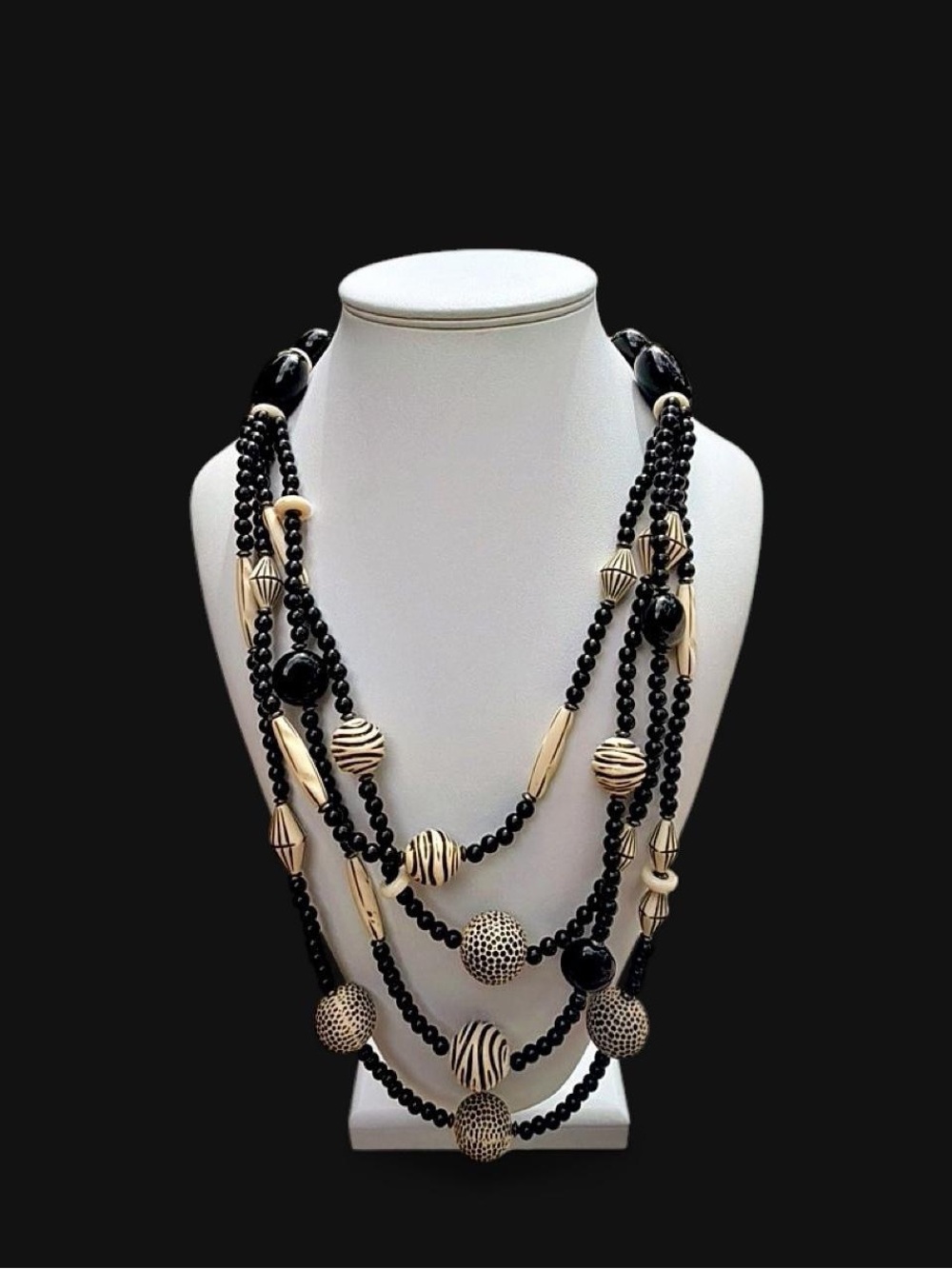 Les Bernard Vintage Multi-Strand Beaded Layered Necklace,  Animal Print Couture